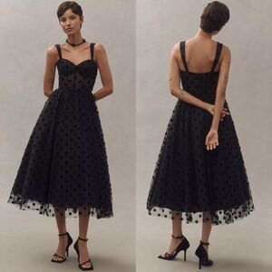Mac Duggal Sheer Black Polka Dot Midi Dress